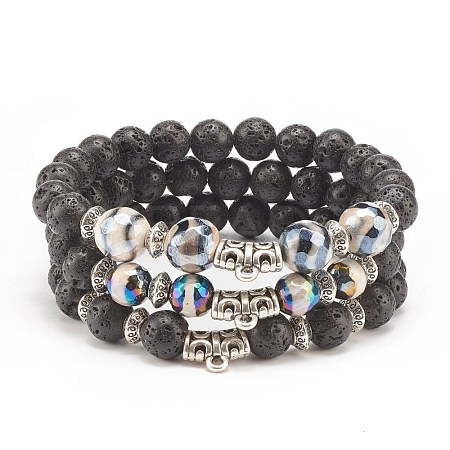 3Pcs 3 Style Natural Lava Rock & Tibetan Agate Stretch Bracelet with Alloy Tube Beaded BJEW-JB08322-1