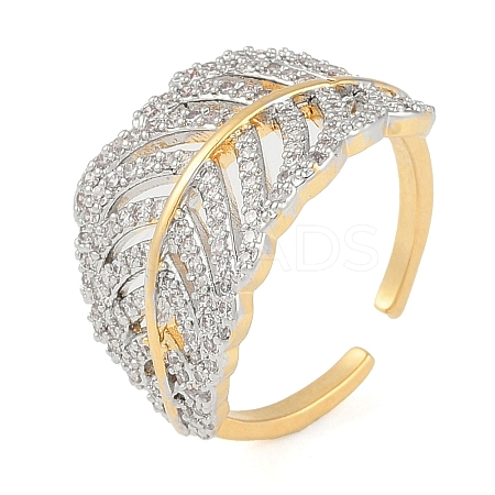 Leaf Brass Micro Pave Clear Cubic Zirconia Open Cuff Ring for Women RJEW-Q819-01G-1