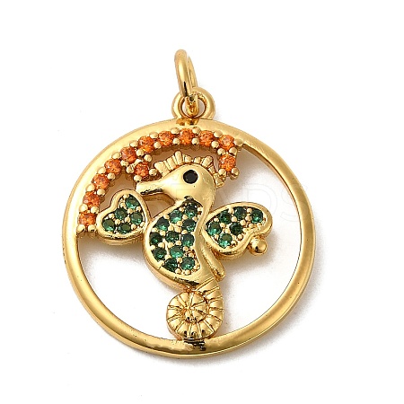 Flat Round with Sea Horse Rack Plating Brass Micro Pave Colorful Cubic Zirconia Pendants KK-K377-26G-1