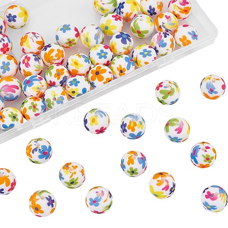 50Pcs Round with Flower Food Grade Eco-Friendly Silicone Beads SIL-AN0001-03-1