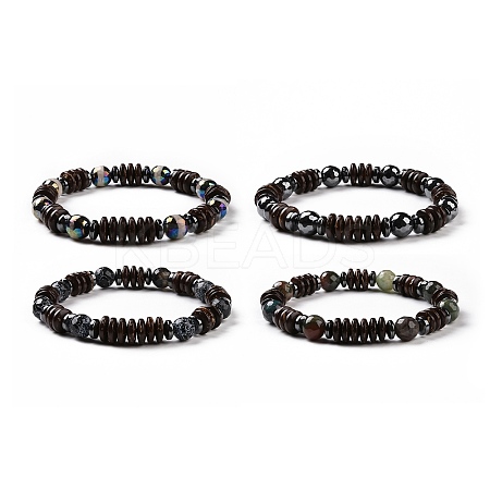 4Pcs Natural Crackle Agate & Indian Agate & Natural Agate & Synthetic Hematite and Coconut Beads Stretch Bracelets Set for Women Men BJEW-JB08937-1