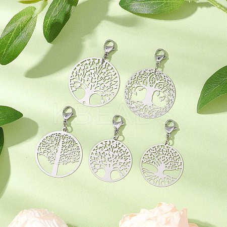 201 Stainless Steel Flat Round with Tree of Life Pendant Decorations HJEW-JM02521-1