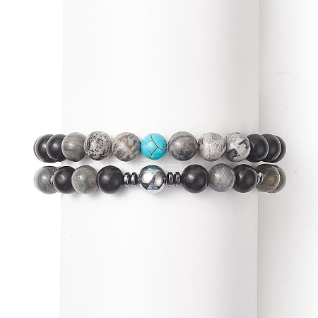 Natural Black Stone & Picasso Jasper & Labradorite & Synthetic Turquois & Non-Magnetic Synthetic Hematite Beaded Stretch Bracelets Sets for Women BJEW-JB09279-1