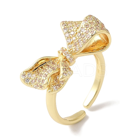 Bowknot Brass Micro Pave Clear Cubic Zirconia Open Cuff Rings for Women RJEW-C098-19G-1