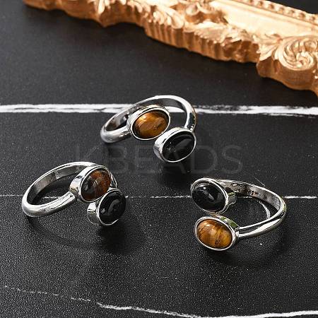 Natural Black Agate & Tiger Eye Finger Rings RJEW-A068-02P-03-1