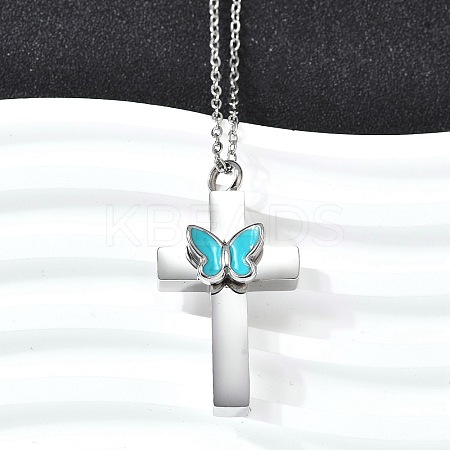 304 Stainless Steel Enamel Butterfly Cross Pendant Urn Ashes Necklaces NJEW-K393-03P-1