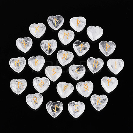 25Pcs Natural Quartz Crystal Heart Rune Stones with Elder Futhark Alphabet Engraved G-T144-02C-1