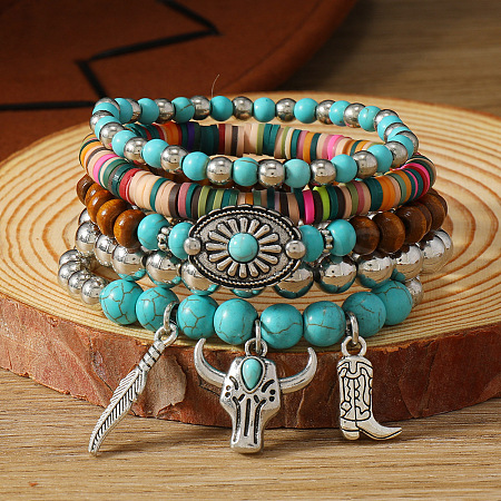 5Pcs Synthetic Turquoise & CCB & Wood & Polymer Clay Beaded Stretch Bracelets FS-WGC8DBE-12-1