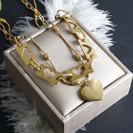 304 Stainless Steel Hollow Heart Pendant Double Layer Necklaces for Women NJEW-F341-01G-1