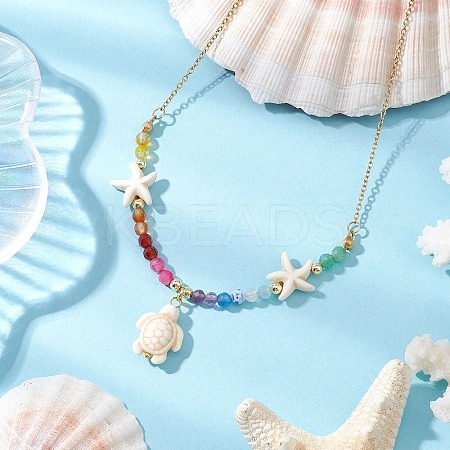 Beach Synthetic Turquoise Turtle Starfish Pendant Necklaces NJEW-JN05251-1