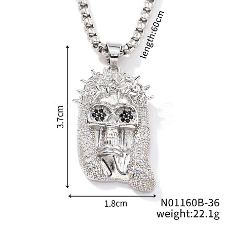 Brass Crystal Rhinestone Skull Crowned Jesus Pendant Box Chain Necklaces PU6252-2-1