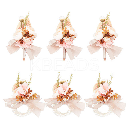 6Pcs 2 Styles Silk Cloth Imitation Rose Boutonniere & Wrist Corsage AJEW-GO0001-30-1