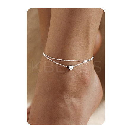 201 Stainless Steel Heart with Initial Charm Double Layer Anklets for Women FS-WG0EC0A-20-1