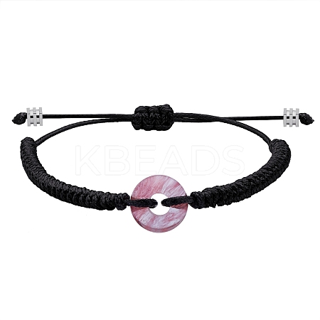 Synthetic Cherry Quartz Glass Donut Braided Bead Bracelet BJEW-SW00047-07-1