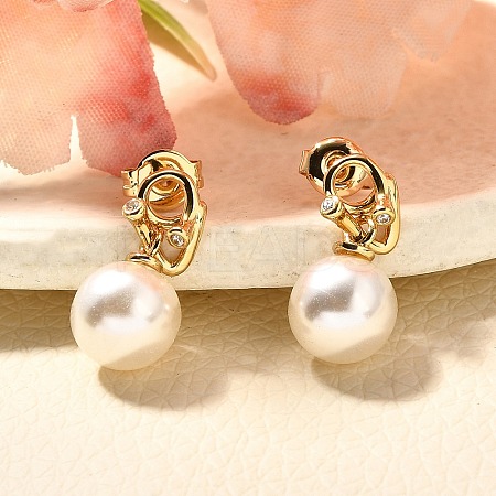 Round Brass Micro Pave Cubic Zirconia & ABS Plastic Pearl Dangle Stud Earrings EJEW-C126-06G-1