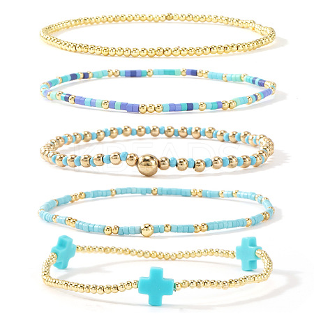 5Pcs 5 Styles Brass & Resin Beads Stretch Bracelets FP8271-6-1