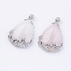 Teardrop with Flower Platinum Plated Brass Natural Rose Quartz Pendants G-F228-37B-RS-1