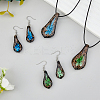 2 Sets 2 Colors Teardrop with Flower Glass Dangle Earrings & Pendant Necklace SJEW-FI0001-14-5