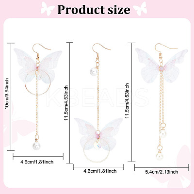 2 Pairs 2 Style Fabric Butterfly with Plastic Pearl Beaded Dangle Earrings EJEW-AN0002-84-1