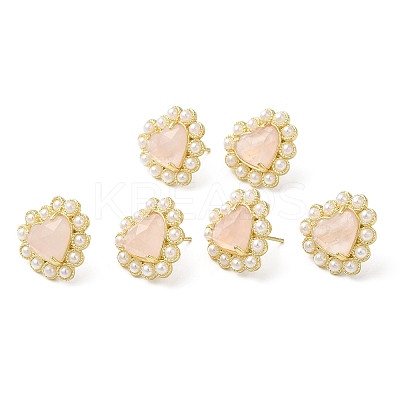 Ion Plating(IP) Natural Rose Quartz Heart Stud Earrings with Plastic Pearl Beaded EJEW-E599-02G-03-1