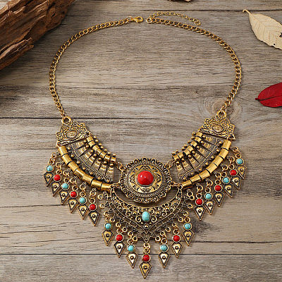 Ethnic Style Zinc Alloy Pave Synthetic Turquoise Teardrop Statement Chunky Bib Necklaces for Women FS-WG23959-02-1