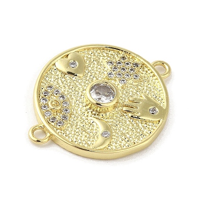 Rack Plating Brass Pave Clear Cubic Zirconia Flat Round Connector Charms KK-C052-43G-1