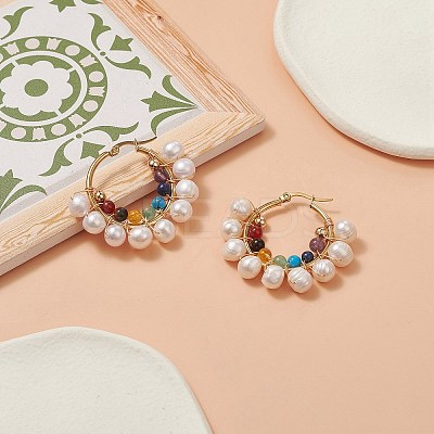 Natural & Synthetic Mixed Gemstone & Pearl Beaded Hoop Earrings EJEW-JE05233-1