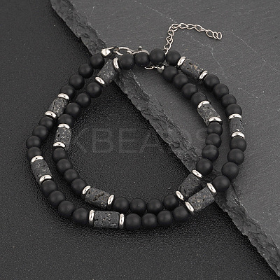 Natural Black Onyx(Dyed & Heated) Round and Lava Rock Column Beaded Necklaces for Men LS-AD4538-1-1
