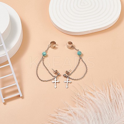 Synthetic Green Turquoise Beaded Hanging Chain Dangle Stud Earrings with Ear Cuff EJEW-TA00149-1