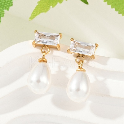 Teardrop with Rectangle 304 Stainless Steel Clear Cubic Zirconia Dangle Stud Earrings EJEW-F366-01G-01-1