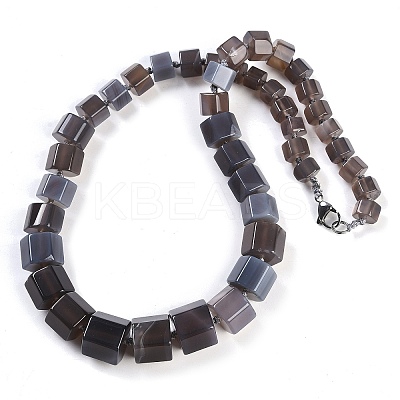Natural Grey Agate Hexagon Prism Graduated Beaded Necklaces for Women Men NJEW-K388-03K-1