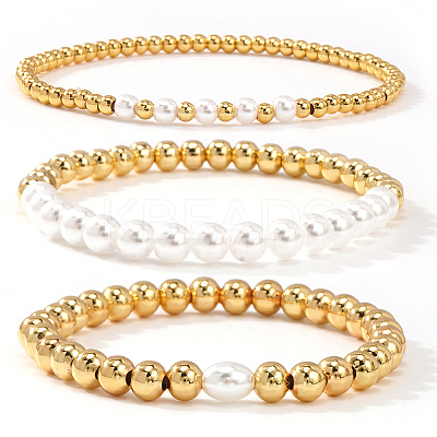 3Pcs 3 Styles Brass & Plastic Imitation Pearl Round Beads Stretch Bracelets for Women TJ3268-1-1