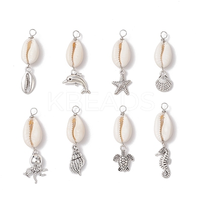 8Pcs 8 Styles Natural Cowrie Shell & Alloy Sea Animals Pendants PALLOY-JF03750-1