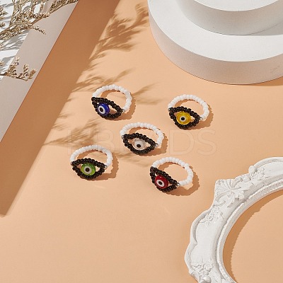 5Pcs 5 Color Lampwork Evil Eye Stretch Finger Rings Set RJEW-TA00059-1