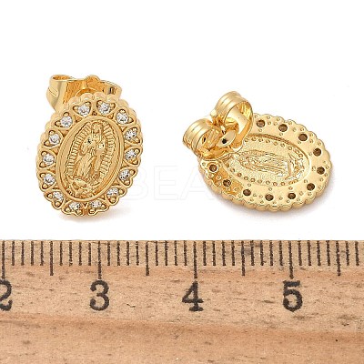 Oval with Virgin Mary Brass Micro Pave Clear Cubic Zirconia Stud Earrings EJEW-D305-10G-1