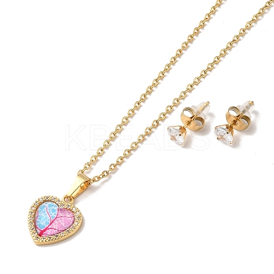 Clear Cubic Zirconia Heart with Acrylic Tree Pendant Necklace & Diamond Stud Earrings SJEW-M099-03G-1