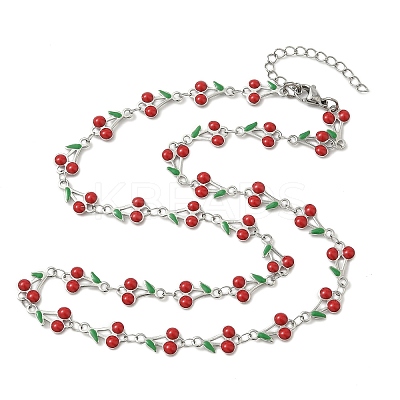 304 Stainless Steel Enamel Red Cherry Link Chain Necklaces for Women NJEW-K249-23G-1