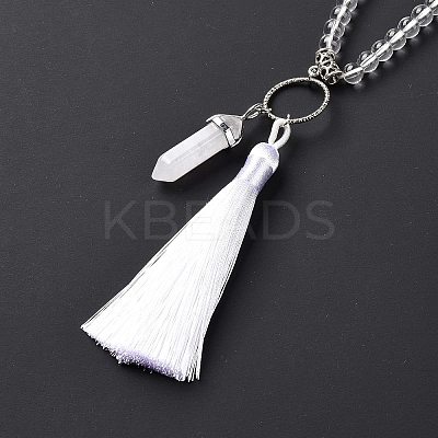Natural Quartz Crystal Bullet & Tassel Pendant Necklace with Mixed Gemstone Beaded Chains NJEW-E585-02G-1