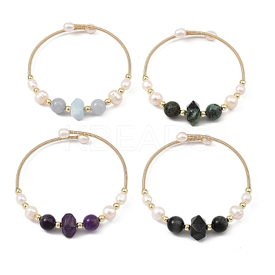 Round & Nuggets Natural & Synthetic Gemstone & Cultured Freshwater Pearl Beaded Bangles BJEW-JB14091-1