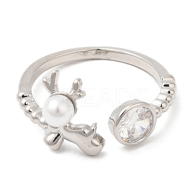 Plastic Pearl Christmas Deer Open Cuff Ring with Cubic Zirconia RJEW-R139-01P-1