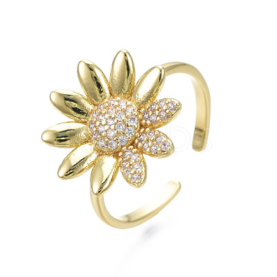 Cubic Zirconia Flower Open Cuff Ring RJEW-N035-108-1