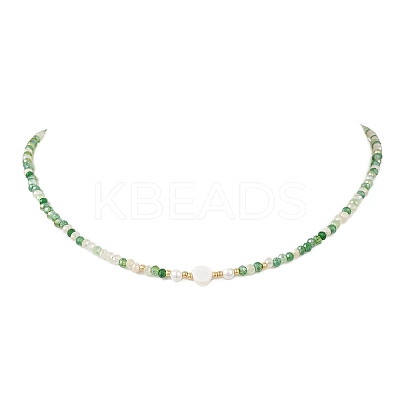 Natural Shell Heart & AB Color Plated Glass Faceted Rondelle Beaded Necklaces NJEW-JN05863-1