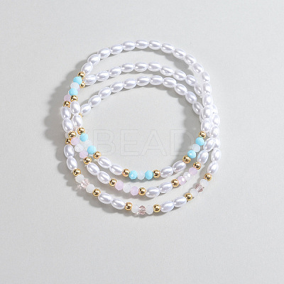 3Pcs Resin Pearl Faceted Round & Rice Beaded Stretch Anklet Sets FS-WG2E78A-01-1