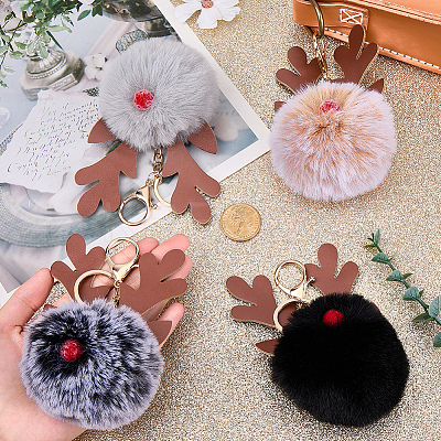 4Pcs 4 Colors Christmas Deer Antler Pom-Pom Keychains KEYC-CL0001-25-1