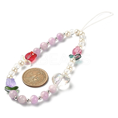 Tulip & Heart Natural Kunzite/Quartz Crystal & Glass Beaded Mobile Straps HJEW-TA00041-1