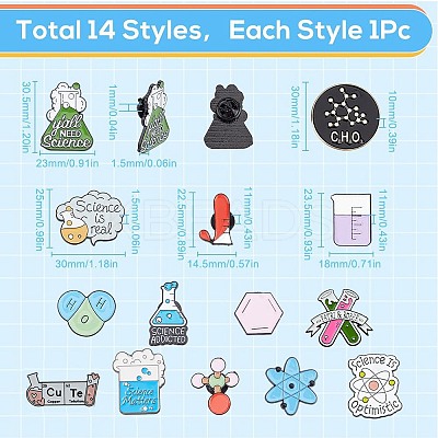 14Pcs 14 Styles Black Alloy Chemistry Theme Brooches JEWB-SC0001-48-1