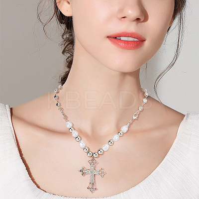 2Pcs 2 Colors Rhinestone Cross Fleury Pendant Necklace with Plastic Beaded Chains NJEW-AN0001-77-1