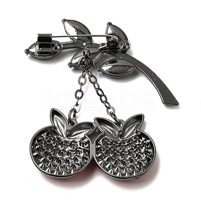 Cherry with Leaf Alloy Rhinestone Hanging Chain Brooch for Backpack Clothes JEWB-L026-07B-1