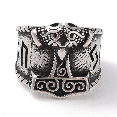 Viking 304 Stainless Steel Thors Hammer Rune Mjolnir Wide Finger Rings for Men RJEW-U005-10AS-1