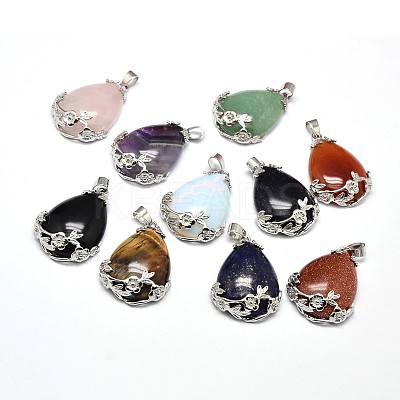 Teardrop with Flower Platinum Plated Brass Natural & Synthetic Mixed Stone Pendants G-F228-37-RS-1